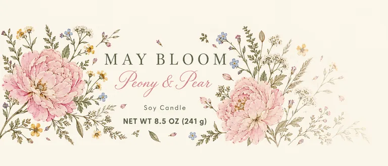 MAY BLOOM Peony & Pear의 어머니의 날 둘레 라벨, AI 캔들 라벨 디자인에서 제작