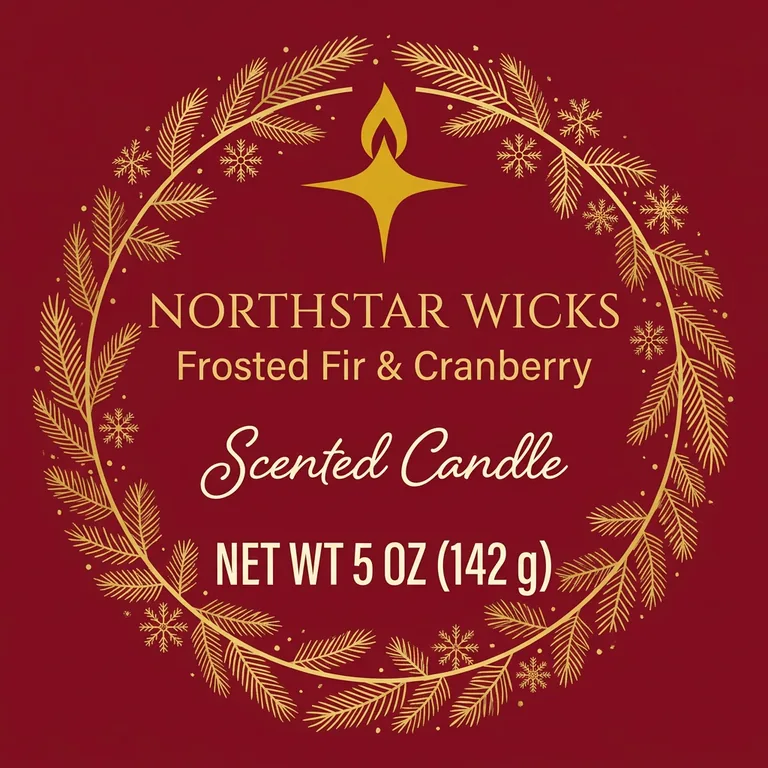 NORTHSTAR WICKS Frosted Fir & Cranberry의 연말 틴 뚜껑 라벨, AI 캔들 라벨 디자인에서 제작