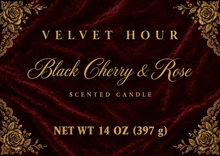 VELVET HOUR Black Cherry & Rose의 밸런타인 캔들 용기 라벨, AI 캔들 라벨 디자인에서 제작