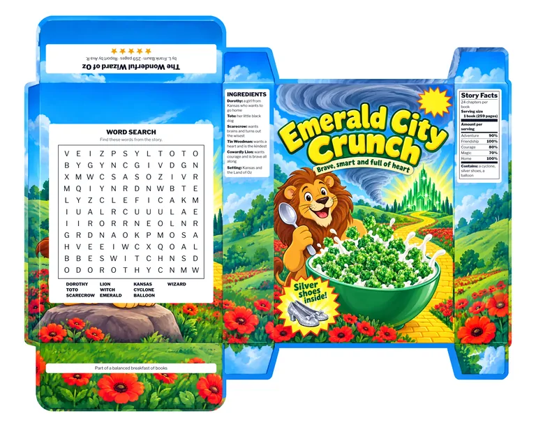 Emerald City Crunch Brave, smart and full of heart 读书报告：绿野仙踪，用 AI 麦片盒设计 生成