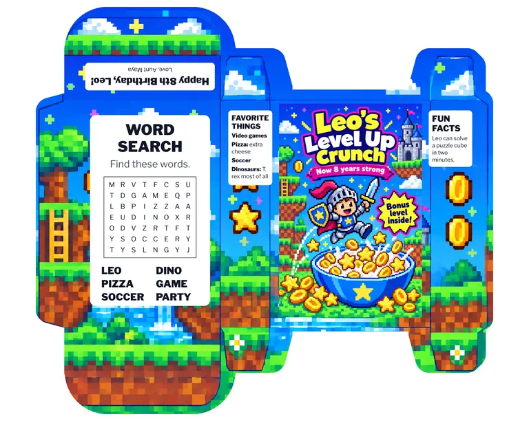 Leo’s Level Up Crunch Now 8 years strong 生日礼物（迷你盒），用 AI 麦片盒设计 生成