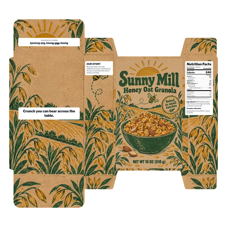 Sunny Mill Honey Oat Granola 格兰诺拉品牌（家庭装），用 AI 麦片盒设计 生成