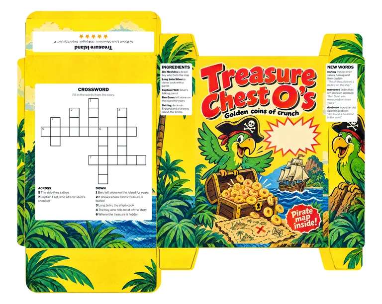 Treasure Chest O’s Golden coins of crunch 读书报告：金银岛，用 AI 麦片盒设计 生成