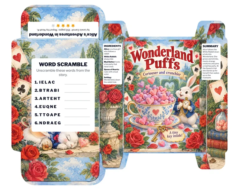 Wonderland Puffs Curiouser and crunchier 读书报告:爱丽丝,用 AI 麦片盒设计 生成