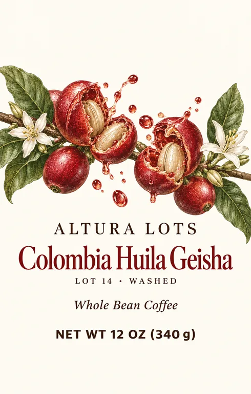 ALTURA LOTS Colombia Huila Geisha의 싱글 오리진 파우치, AI 커피 패키지 디자인에서 제작