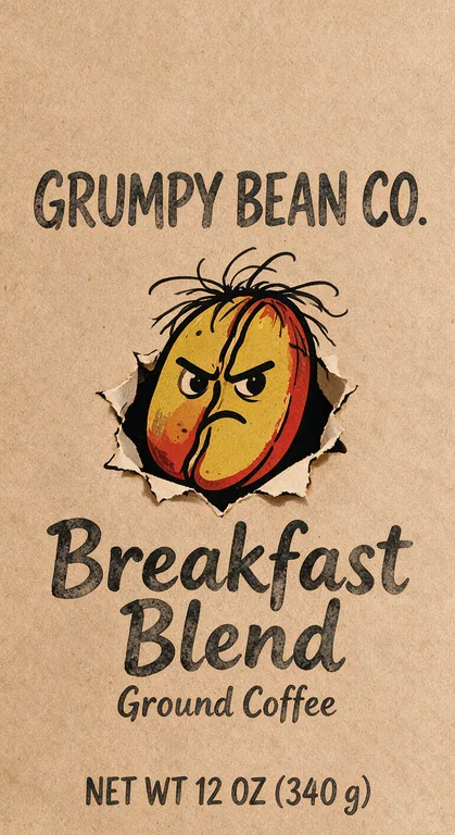 GRUMPY BEAN CO. Breakfast Blend의 마스코트 커피 파우치, AI 커피 패키지 디자인에서 제작
