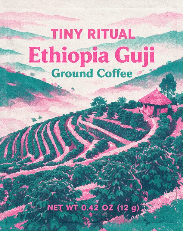 TINY RITUAL Ethiopia Guji의 드립백 봉투, AI 커피 패키지 디자인에서 제작
