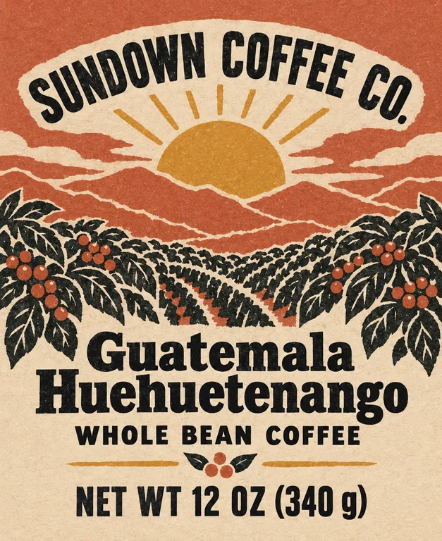 SUNDOWN COFFEE CO. Guatemala Huehuetenango의 커피 스티커 리디자인, AI 커피 패키지 디자인에서 제작