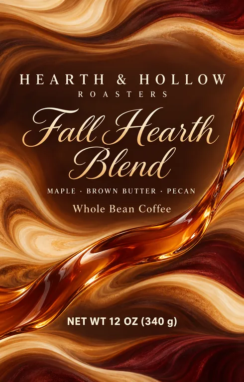 HEARTH & HOLLOW ROASTERS Fall Hearth Blend의 가을 블렌드 파우치, AI 커피 패키지 디자인에서 제작
