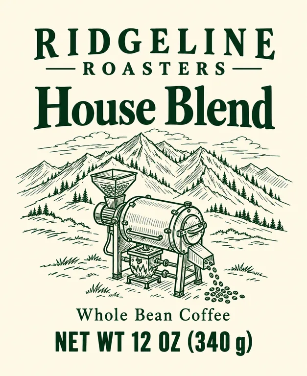 RIDGELINE ROASTERS House Blend의 스케치로 만든 봉투 스티커, AI 커피 패키지 디자인에서 제작