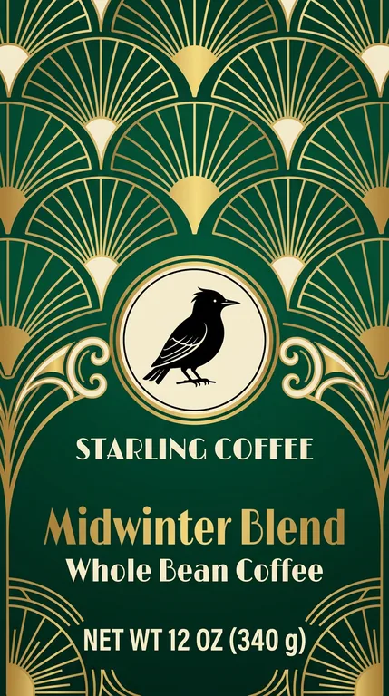STARLING COFFEE Midwinter Blend의 홀리데이 평저 봉투, AI 커피 패키지 디자인에서 제작