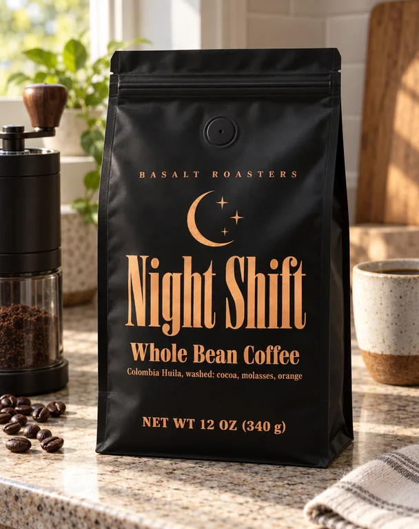 Matte black flat-bottom bag, made with AI Coffee Bag Mockup