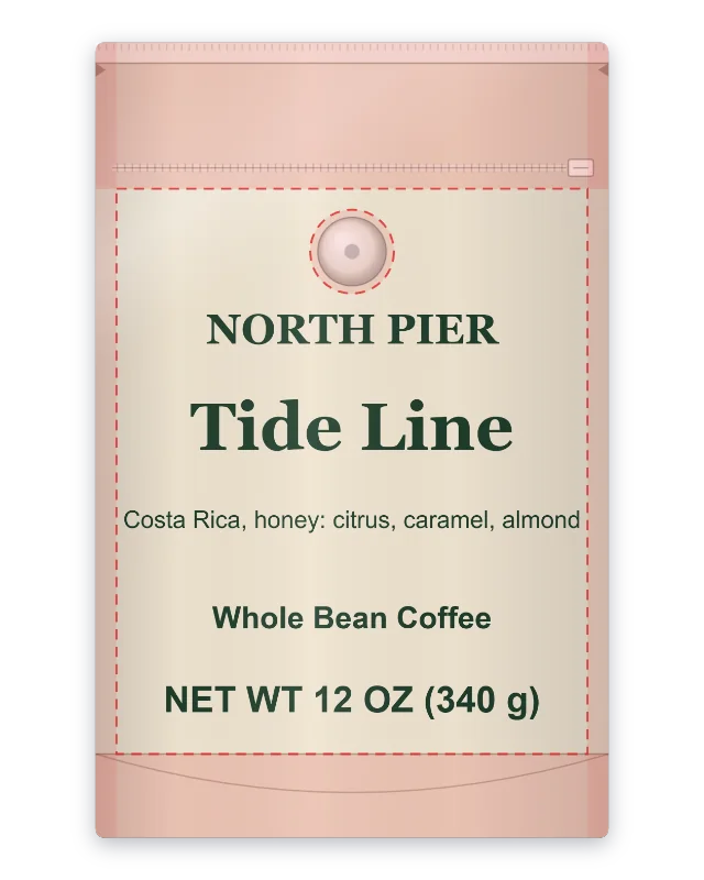 A flat coffee bag front with the roaster name below the valve area, and the top band, the gusset curve and the valve marked in red