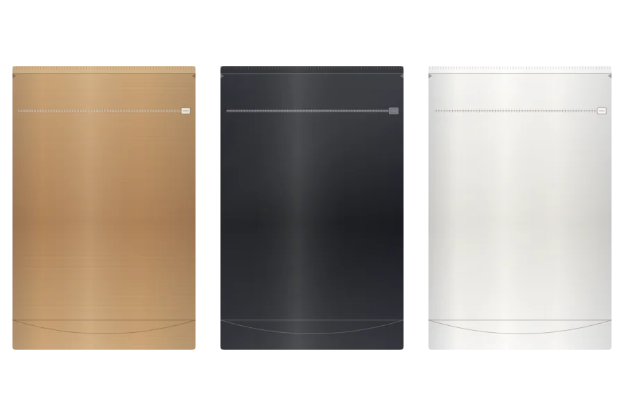 Blank natural kraft, black and white coffee bags of the stand-up pouch type