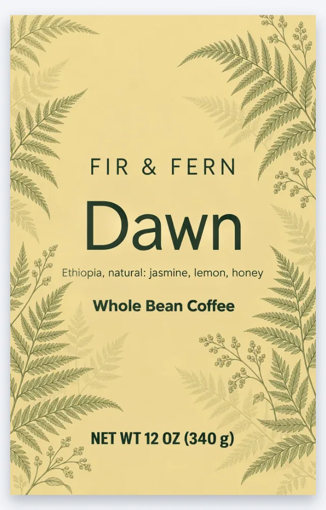 A flat stand-up coffee pouch front for a 12 oz bag, 6.125 by 9.5 inches, with the roaster name, the coffee name and NET WT 12 OZ (340 g)