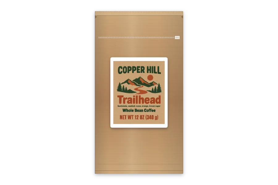 A 3.25 by 4 inch sticker with a coffee bag front design on a plain natural kraft flat-bottom bag