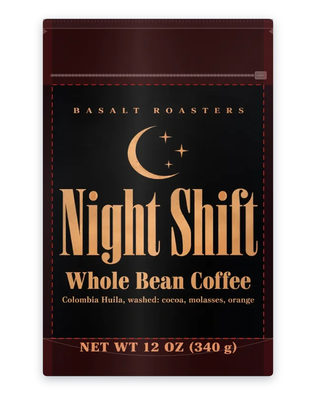 The free coffee bag front: a black stand-up pouch with a printed front, the top band and the safe area marked