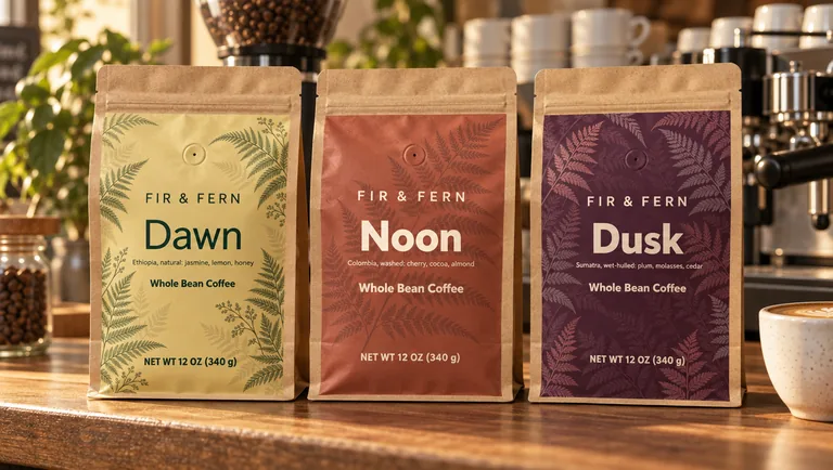 Tre tostature in fila, con lo strumento Mockup di buste di caffè con IA