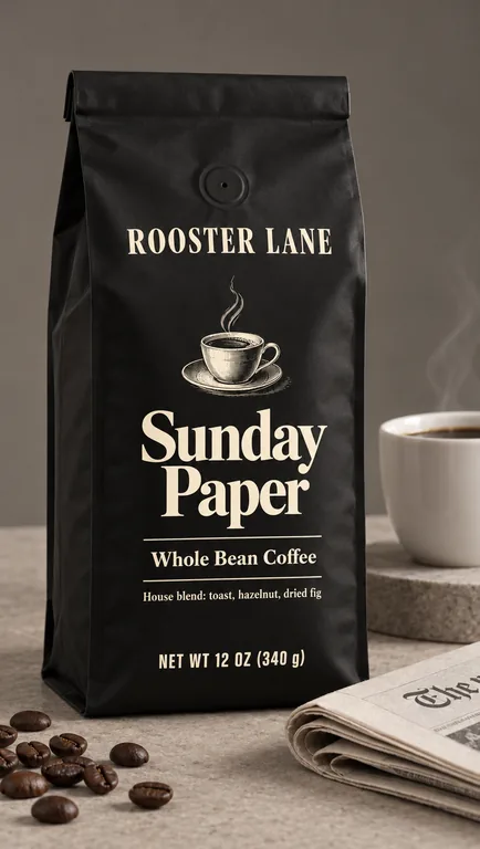 Busta a soffietti nera opaca in studio, con lo strumento Mockup di buste di caffè con IA