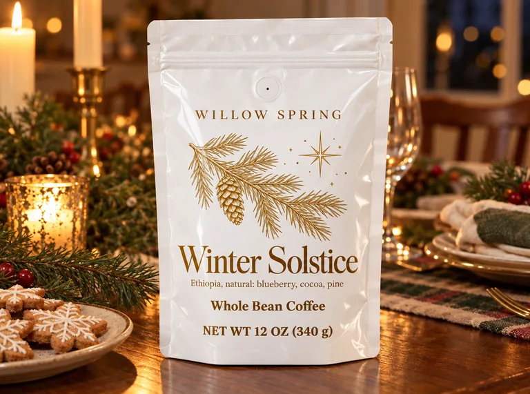 Gloss white pouch on a holiday table, made with AI Coffee Bag Mockup