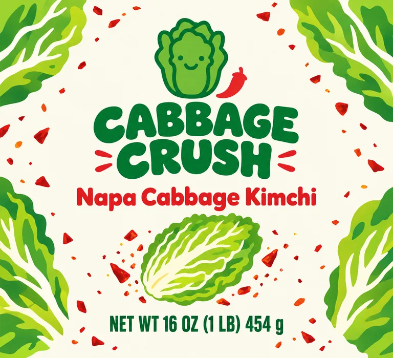 CABBAGE CRUSH Napa Cabbage Kimchiのキムチの瓶ラベル、AI食品パッケージデザインで作成