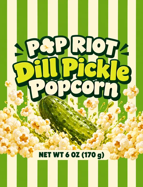 POP RIOT Dill Pickle Popcornのポップコーンのパウチ、パッケージAIで作成