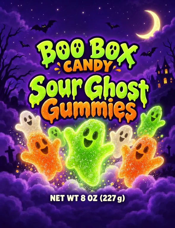 BOO BOX CANDY Sour Ghost Gummiesのハロウィンのお菓子のパウチ、パッケージAIで作成