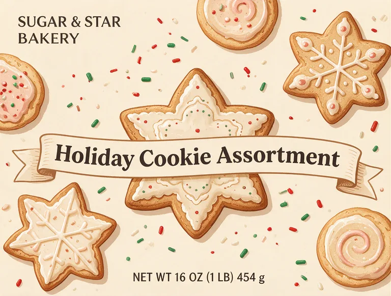 SUGAR & STAR BAKERY Holiday Cookie Assortmentのクッキートレーのスリーブ、AI食品パッケージデザインで作成
