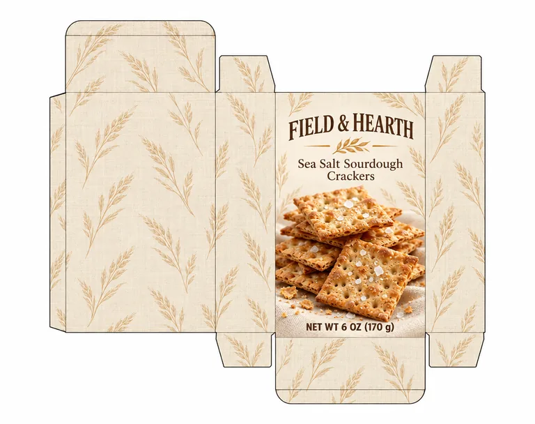 FIELD & HEARTH Sea Salt Sourdough Crackersのクラッカーの箱（展開図）、AI食品パッケージデザインで作成