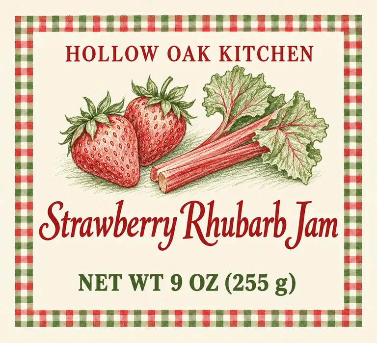 HOLLOW OAK KITCHEN Strawberry Rhubarb Jamのジャムの瓶ラベル、AI食品パッケージデザインで作成