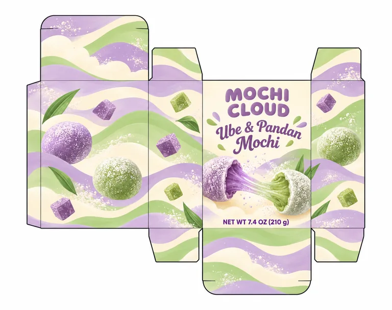 MOCHI CLOUD Ube & Pandan Mochiのお餅の箱(展開図)、AI食品パッケージデザインで作成