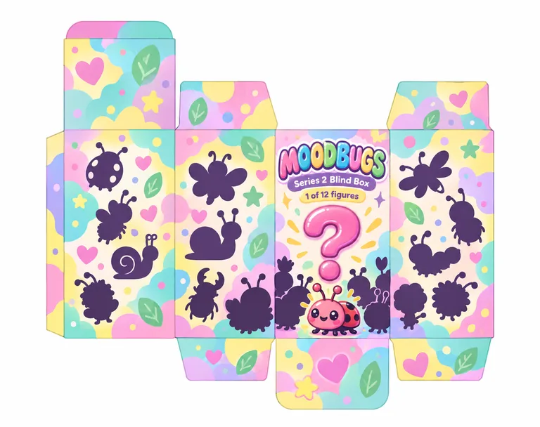 MOODBUGS Series 2 Blind Boxのブラインドボックス(展開図)、AIギフトボックスデザインで作成
