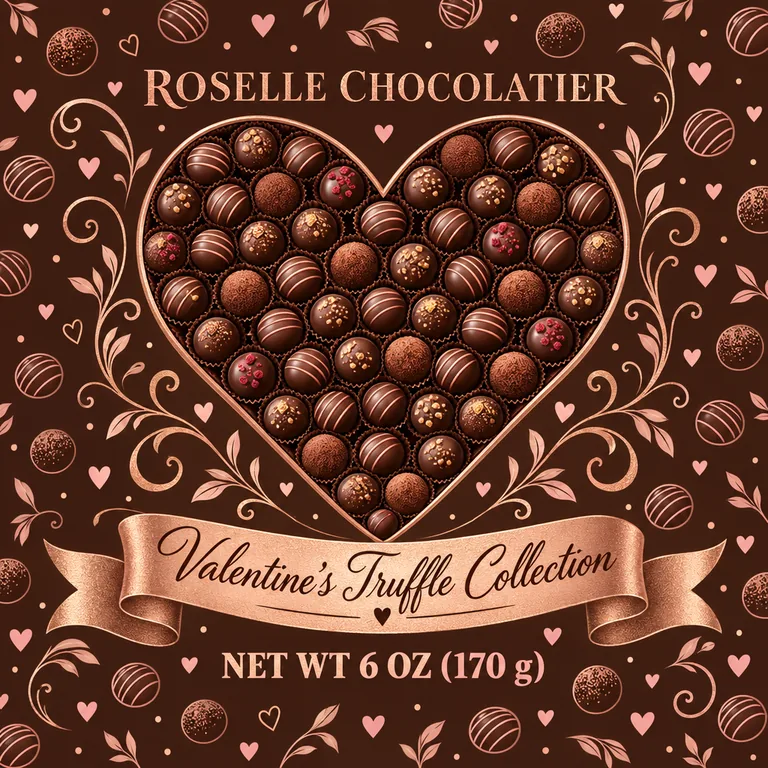 ROSELLE CHOCOLATIER Valentine’s Truffle Collectionのバレンタインのチョコレートの箱、AIギフトボックスデザインで作成