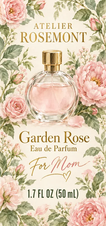 ATELIER ROSEMONT Garden Rose Eau de Parfumの香水の箱の正面、AIギフトボックスデザインで作成