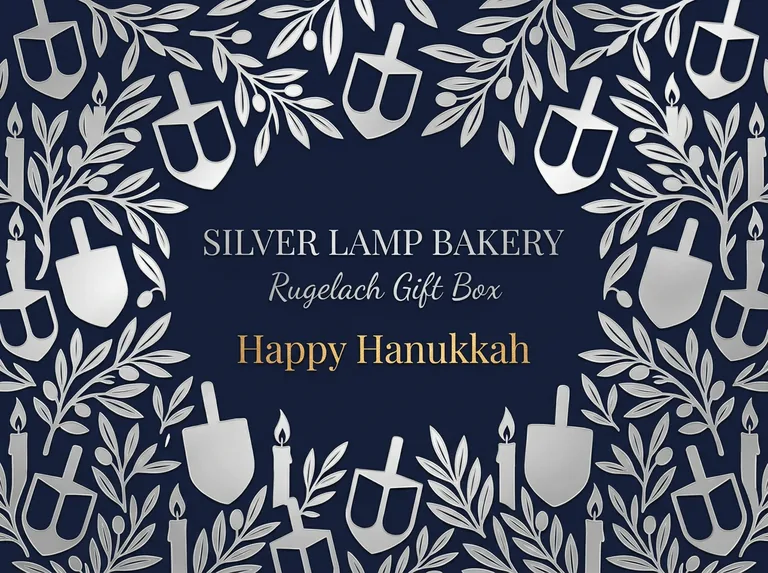 SILVER LAMP BAKERY Rugelach Gift Boxのハヌカーの焼き菓子の箱、AIギフトボックスデザインで作成