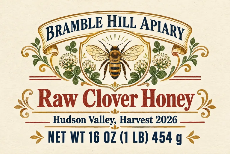 Clover honey label for BRAMBLE HILL APIARY Raw Clover Honey, made with AI Honey Label Design
