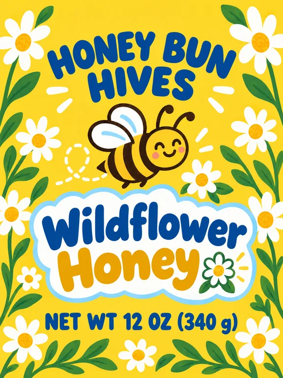 Honey bear label for HONEY BUN HIVES Wildflower Honey, made with AI Honey Label Design