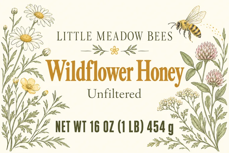 Wildflower honey label for LITTLE MEADOW BEES Wildflower Honey, made with AI Honey Label Design