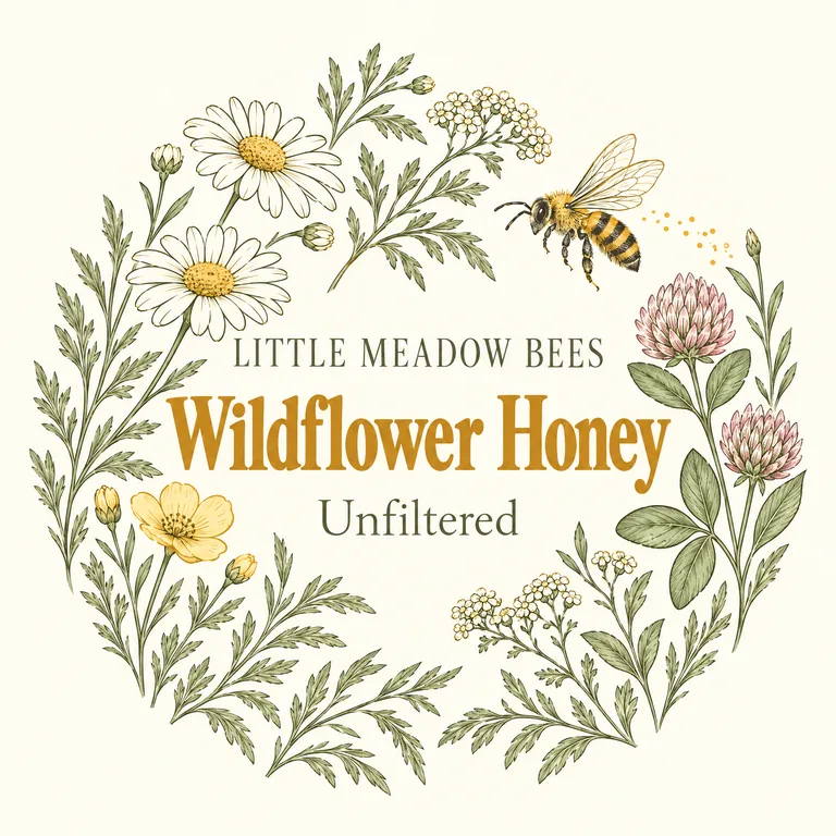 Matching honey lid label for LITTLE MEADOW BEES Wildflower Honey, made with AI Honey Label Design