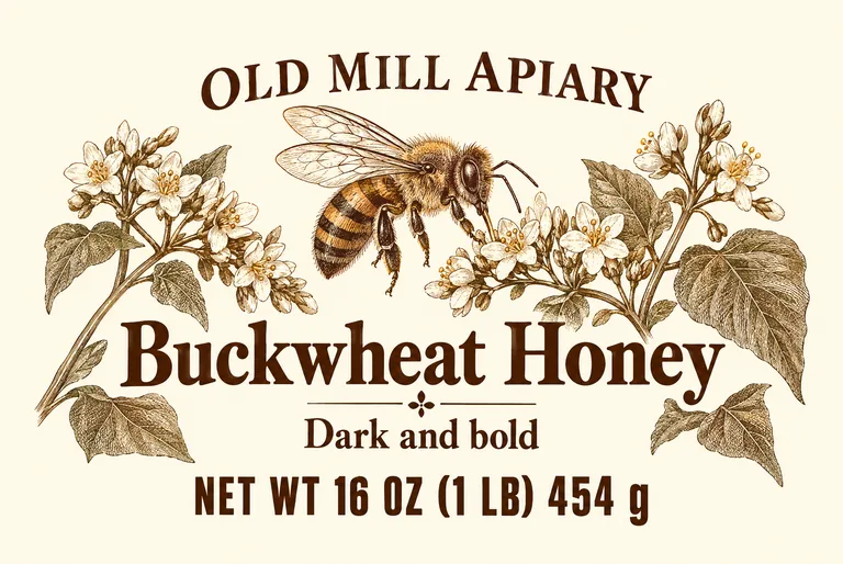 Buckwheat honey label for OLD MILL APIARY Buckwheat Honey, made with AI Honey Label Design