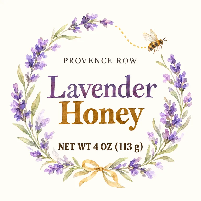Hexagon jar label for PROVENCE ROW Lavender Honey, made with AI Honey Label Design