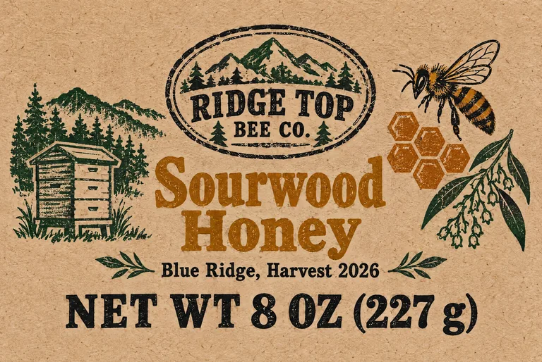 Sourwood honey label for RIDGE TOP BEE CO. Sourwood Honey, made with AI Honey Label Design