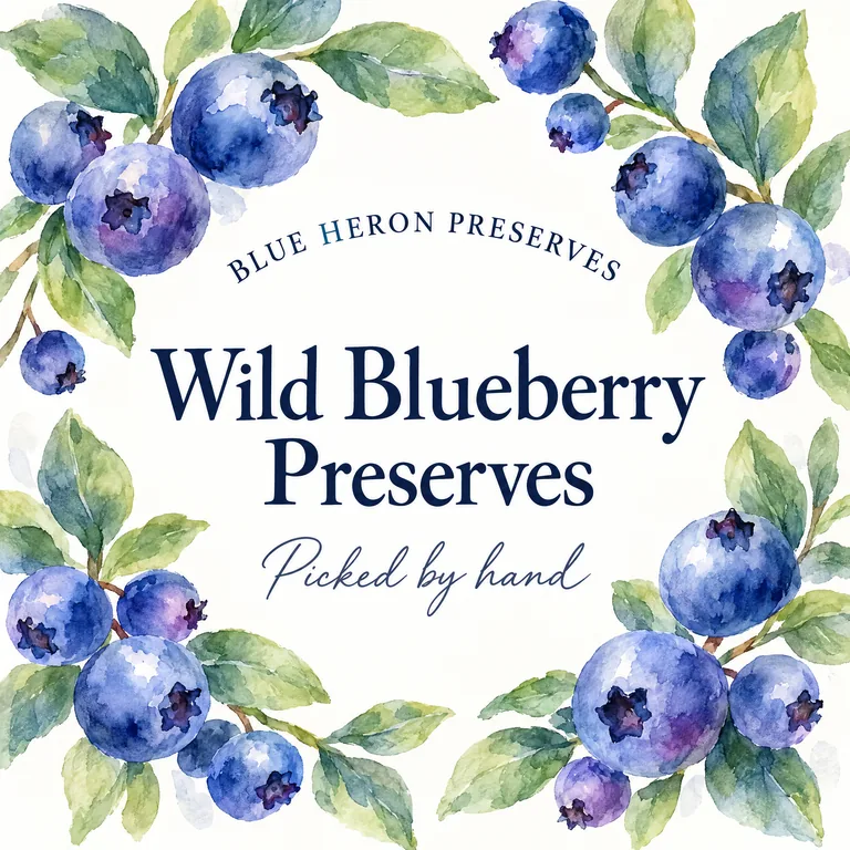 Wide mouth lid label for BLUE HERON PRESERVES Wild Blueberry Preserves, made with AI Jar Label Design