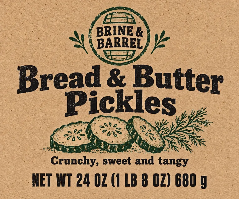 Pickle jar label for BRINE & BARREL Bread & Butter Pickles, made with AI Jar Label Design