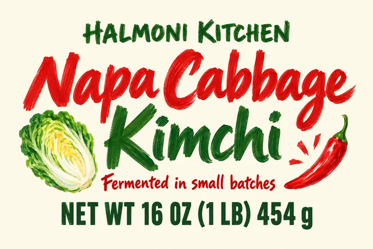 Kimchi jar label for HALMONI KITCHEN Napa Cabbage Kimchi, made with AI Jar Label Design