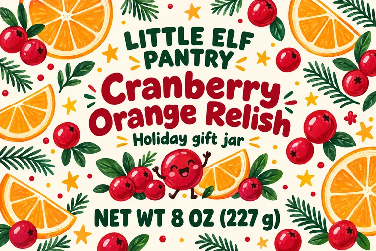 Holiday gift jar label for LITTLE ELF PANTRY Cranberry Orange Relish, made with AI Jar Label Design