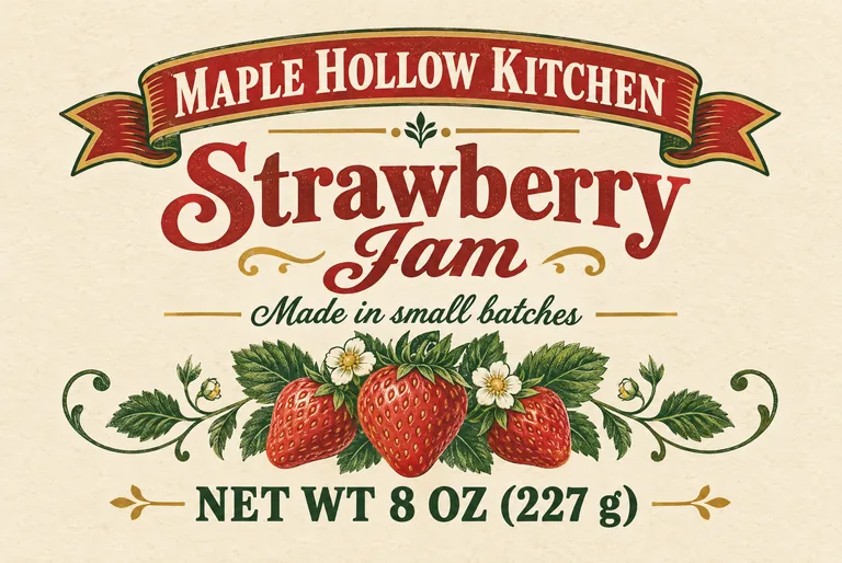 Strawberry jam label for MAPLE HOLLOW KITCHEN Strawberry Jam, made with AI Jar Label Design