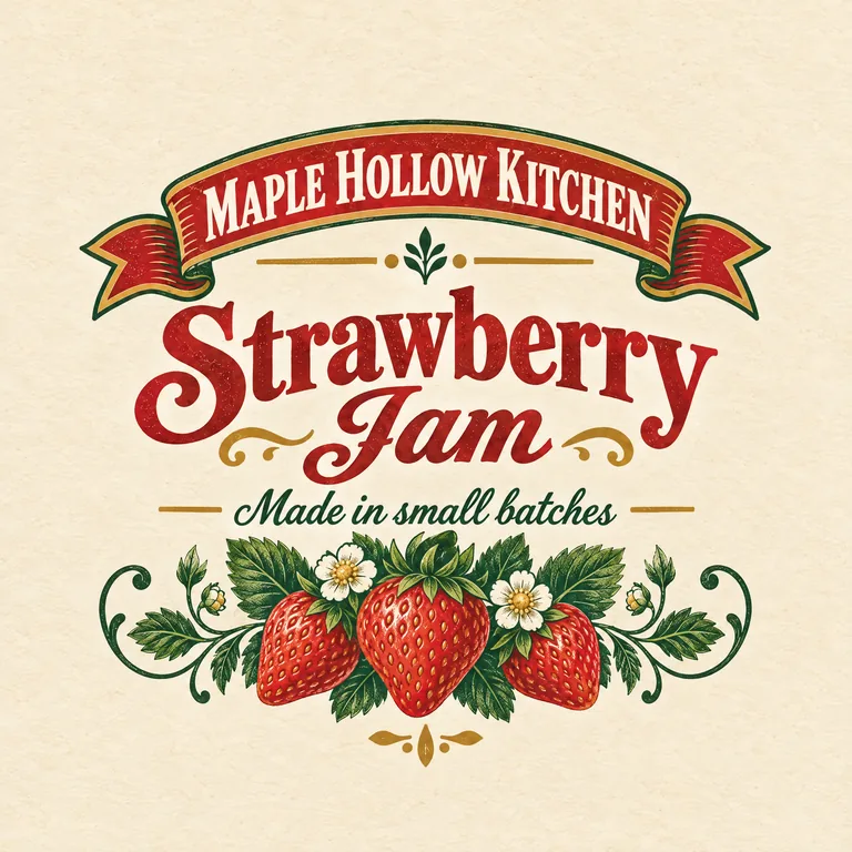 Matching jar lid label for MAPLE HOLLOW KITCHEN Strawberry Jam, made with AI Jar Label Design