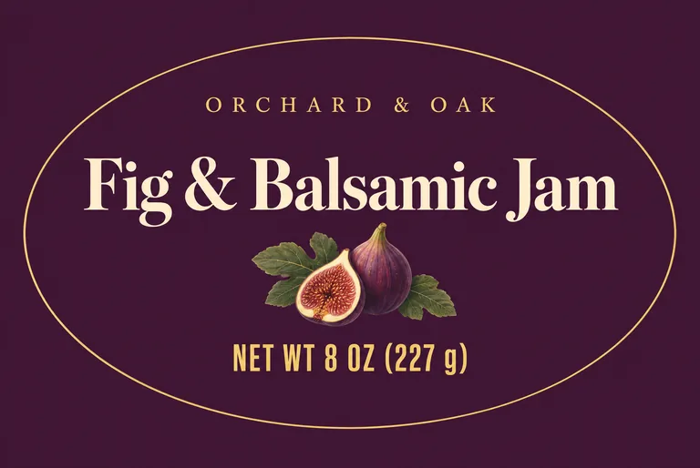 Gift jam oval label for ORCHARD & OAK Fig & Balsamic Jam, made with AI Jar Label Design