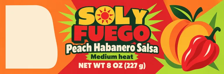 Salsa jar wrap for SOL Y FUEGO Peach Habanero Salsa, made with AI Jar Label Design